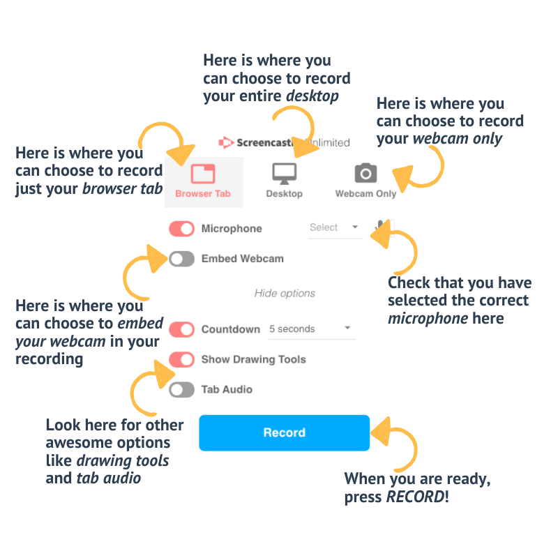 various settings to choose from in screencastify as well as where to find the options