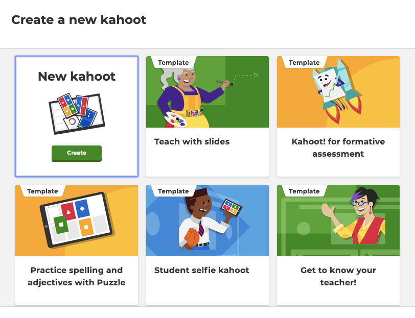 options to create a new Kahoot using templates