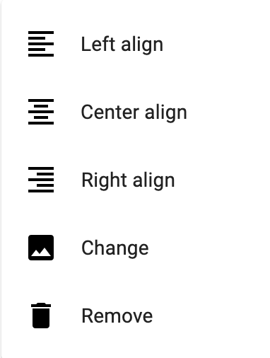 image options in Google forms - includes left, center, or right alignment as well as change or remove image