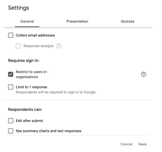 the options available inside the settings menu of Google forms
