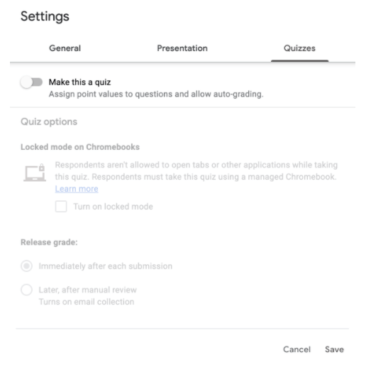 the quizzes tab in the settings menu