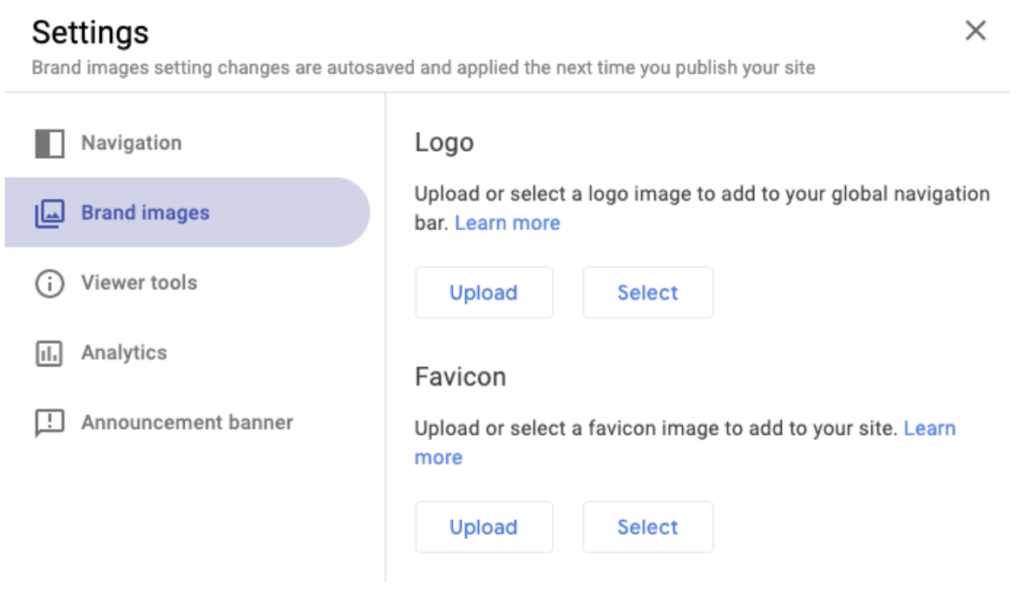 image showing the brand image settings in google sites