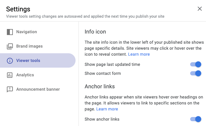 the viewer tools settings in google sites