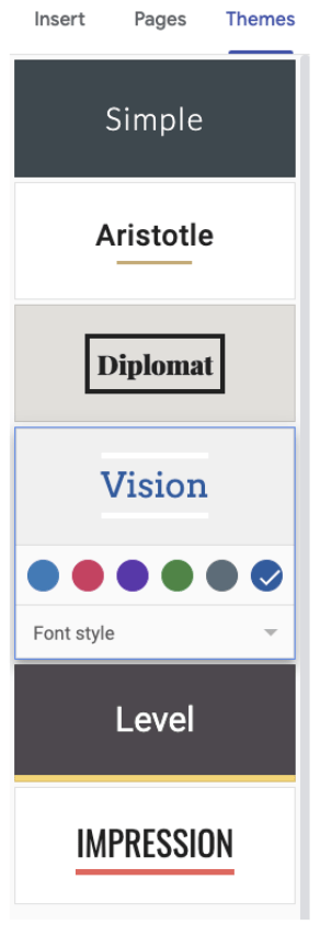a sample of theme options in google sites
