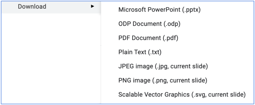 Shows the different options of file types that you can download a Google Slide