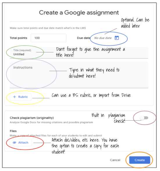 Screenshot highlighting the different areas within a Google Assignment for the teacher to set up.