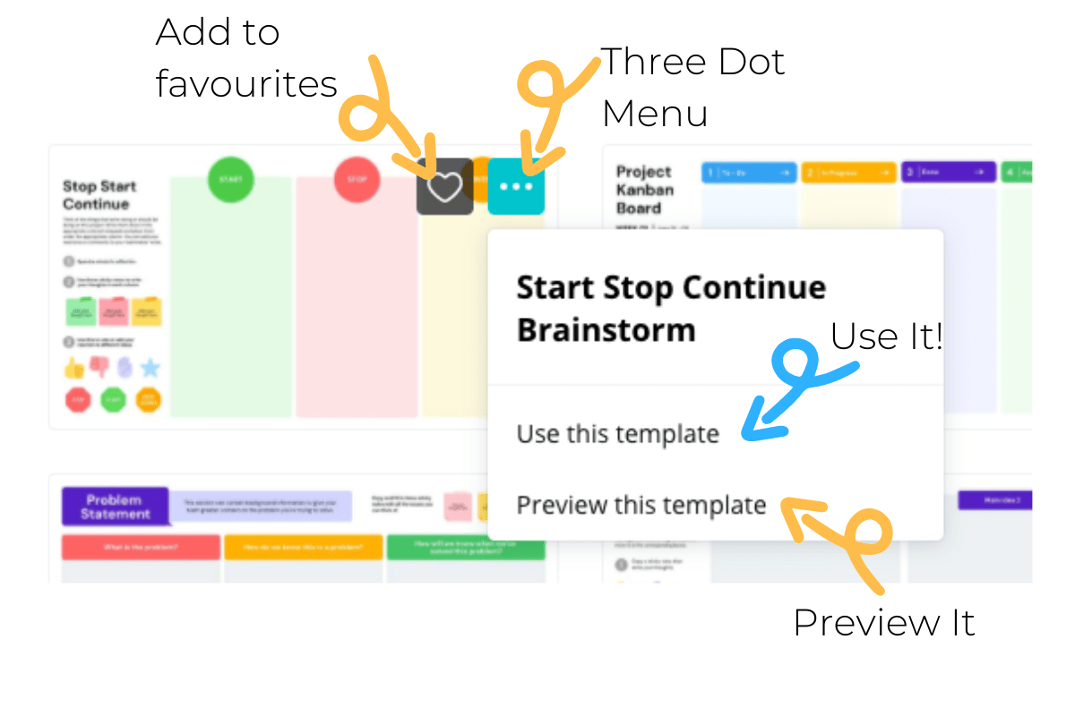 Options for each Canva online whiteboard template