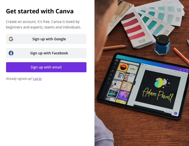 Canva sign up options screenshot
