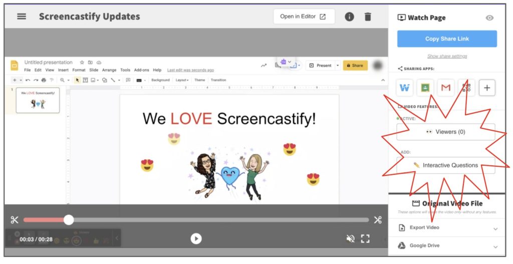 Screenshot of the updated Screencastify watch page where you can access Analytics and Interactive Questions.