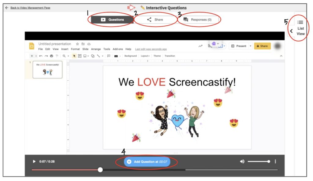 Screenshot of the Interactive Questions page. Five features are circled and numbered; 1 - Questions; 2 - Share; 3 - Responses; 4 - Add Question at 00:00; 5 - List View