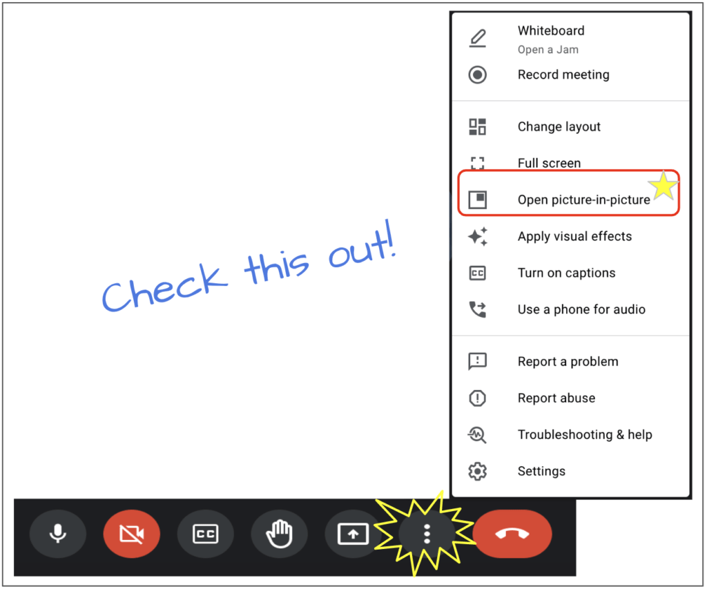 Screenshot of the snowman menu in Google Meet showing where to find the "Open picture-in-picture" feature while in a Meet.